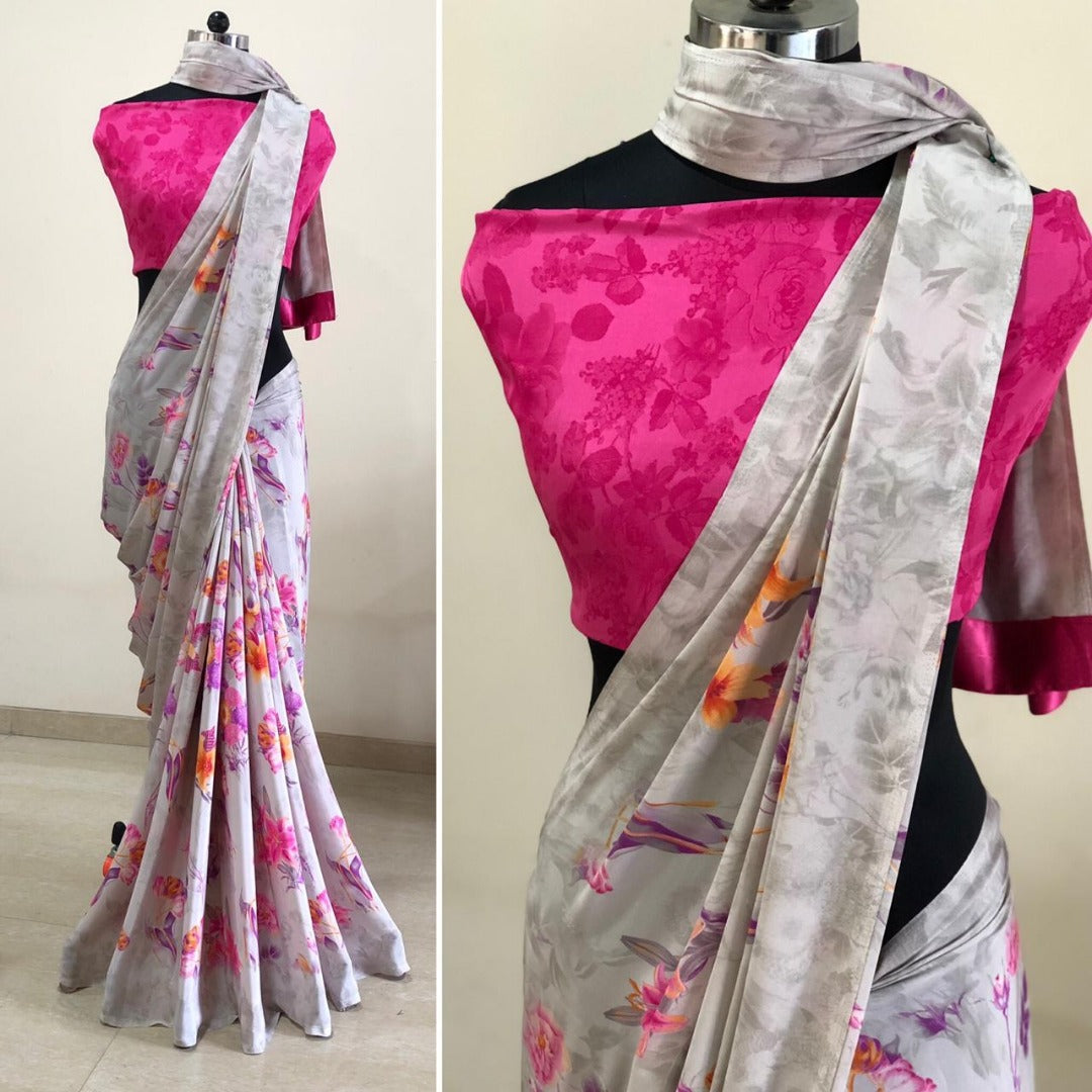 Grey crape silk digital printed saree