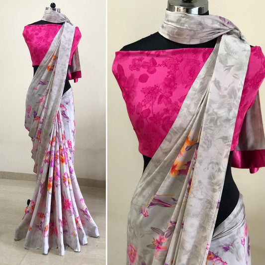 Grey crape silk digital printed saree
