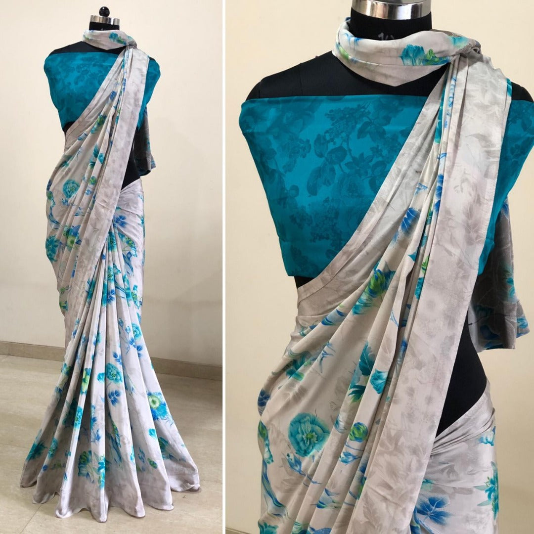 Grey crape silk digital printed saree