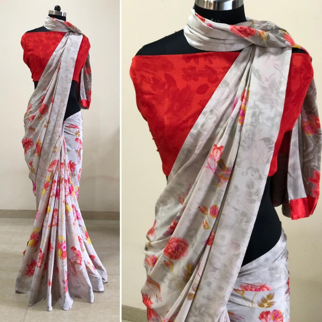 Grey crape silk digital printed saree