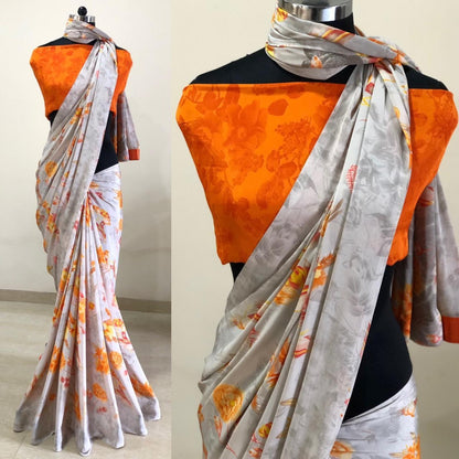 Grey crape silk digital printed saree