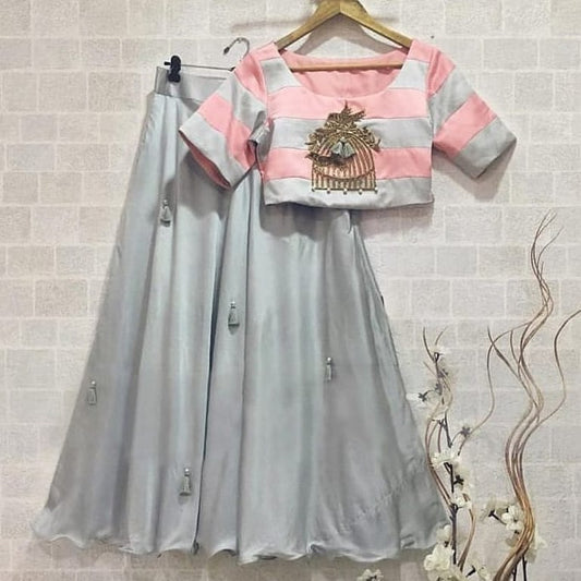 Grey crepe gorgeous pearl hand work partywear lehenga with dupatta