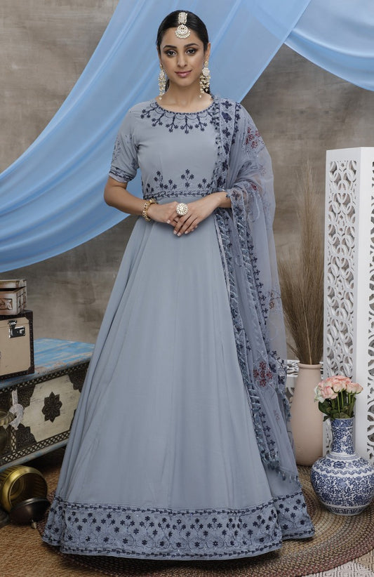 Grey diamond georgette embroidered anarkali gown