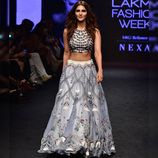 grey digital printed crop top lehenga