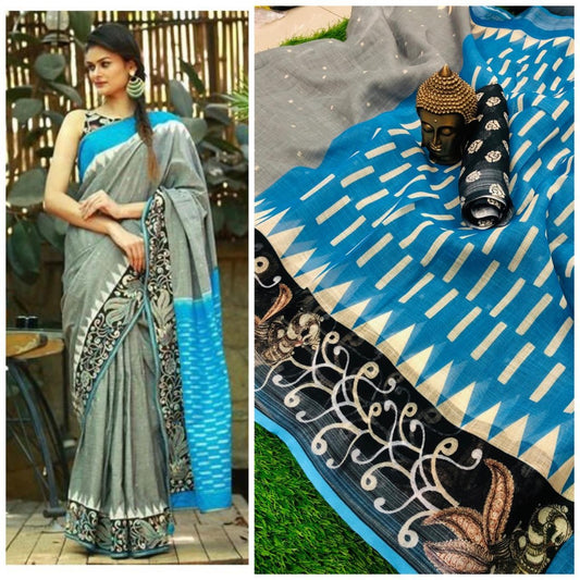 Grey digital printed linen festival saree