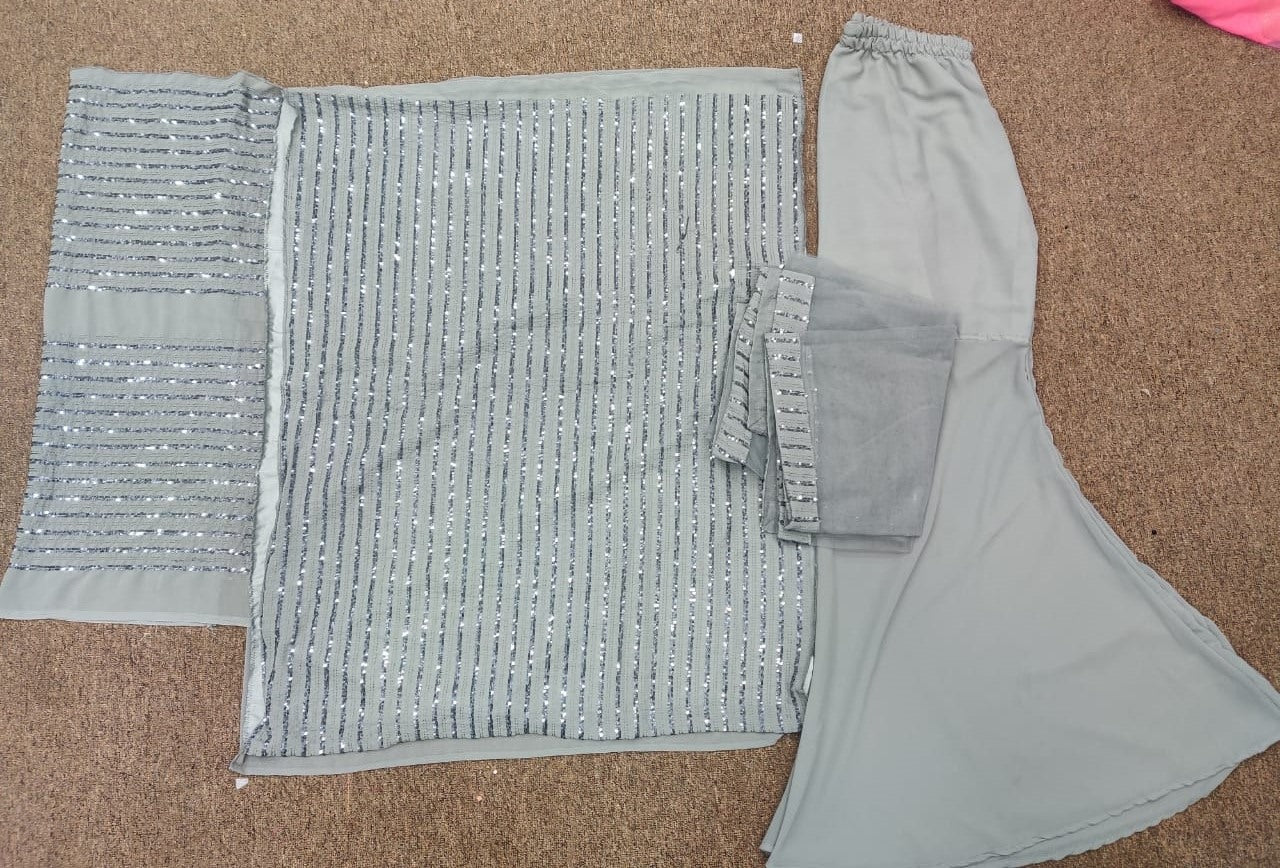 Grey faux georgette sequence work plazzo salwar suit