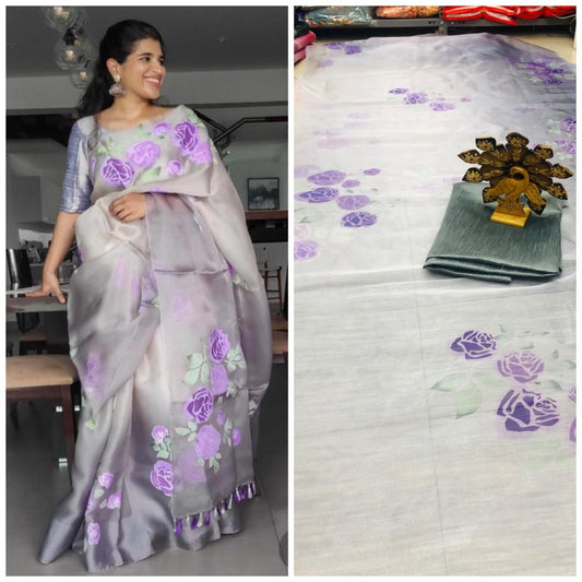 Grey floral printed organza saree