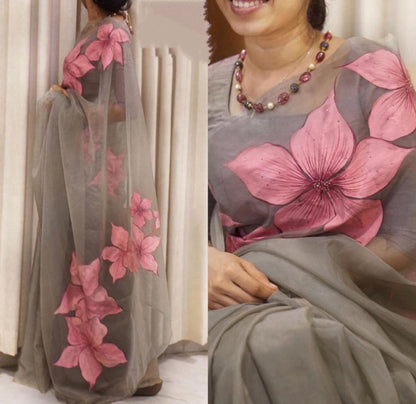 Grey floral printed organza saree