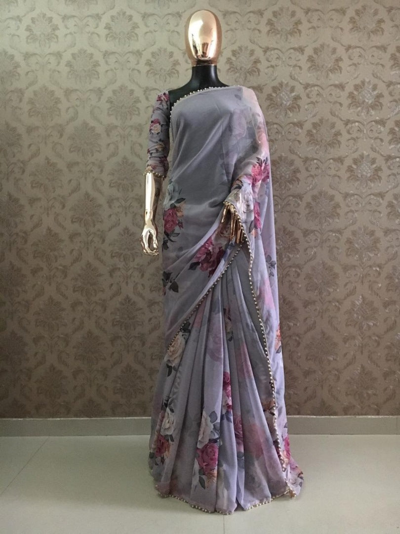 Grey floral printed pearl lace saree
