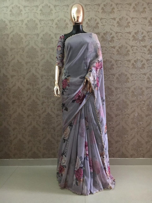 Grey floral printed pearl lace saree