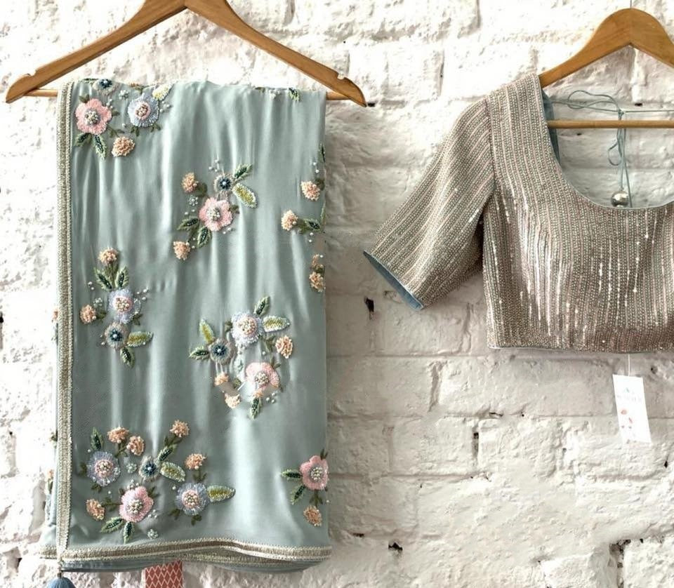 Grey georgette bember fancy treadwork designer wedding saree