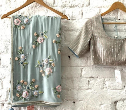 Grey georgette bember fancy treadwork designer wedding saree