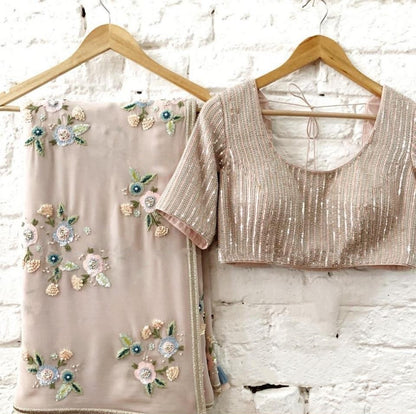 Grey georgette bember fancy treadwork designer wedding saree