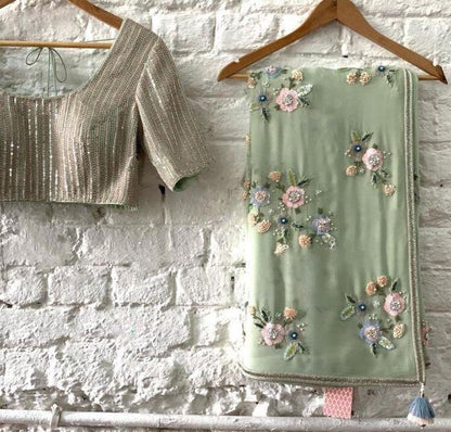 Grey georgette bember fancy treadwork designer wedding saree