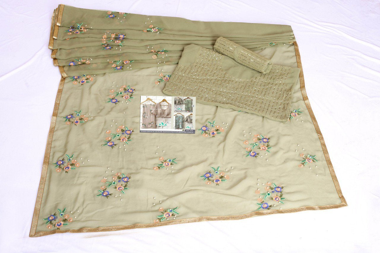 Grey georgette bember fancy treadwork designer wedding saree