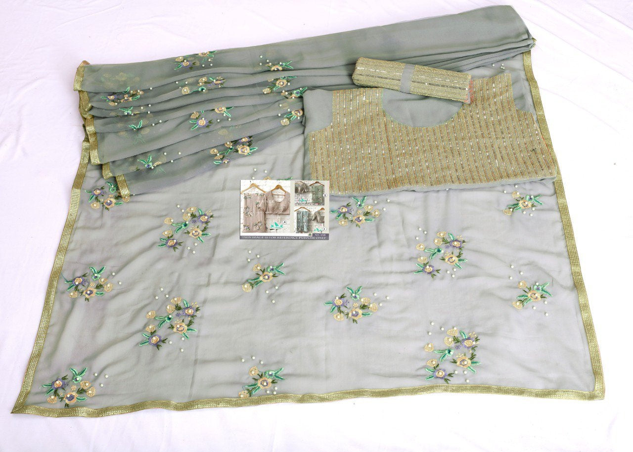 Grey georgette bember fancy treadwork designer wedding saree