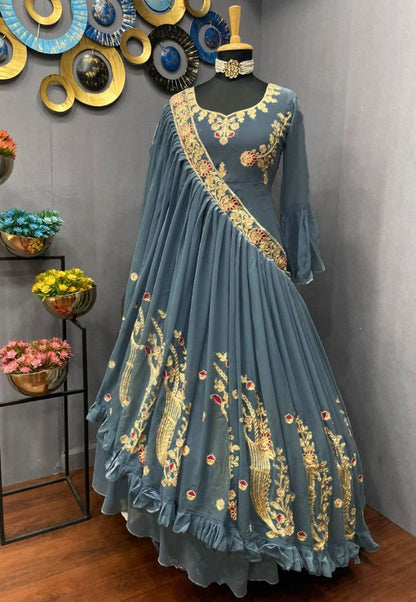 Grey georgette chainstitch work indowestern gown