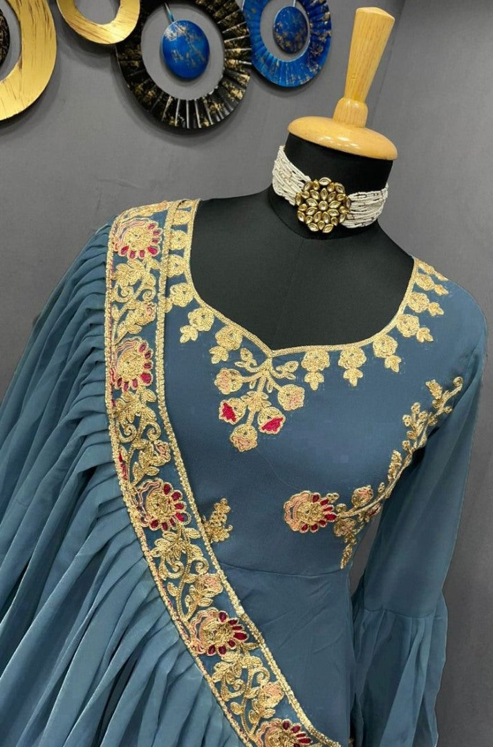 Grey georgette chainstitch work indowestern gown