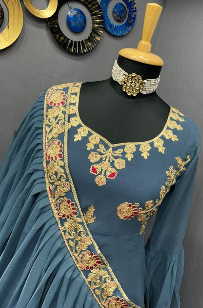 Grey georgette chainstitch work indowestern gown