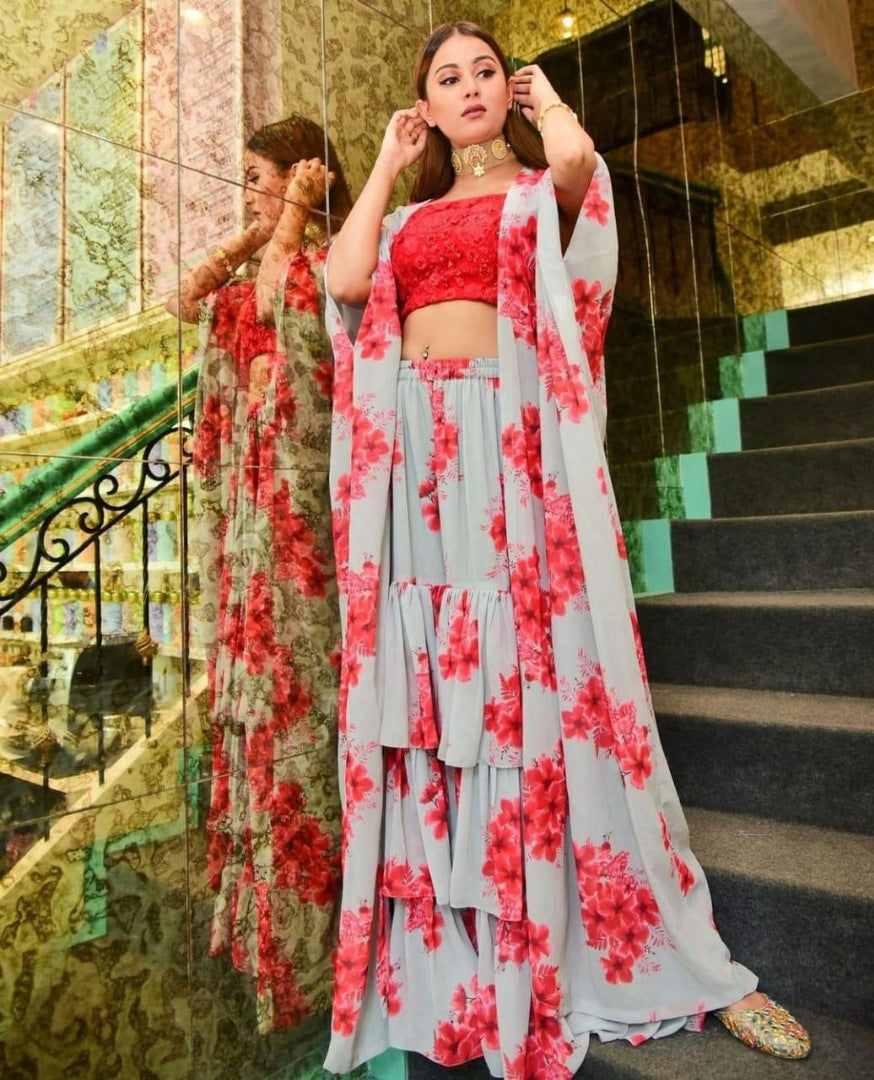 Grey georgette designer ruffle layer plazzo with shrug