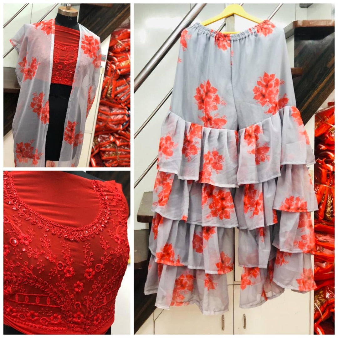 Grey georgette designer ruffle layer plazzo with shrug