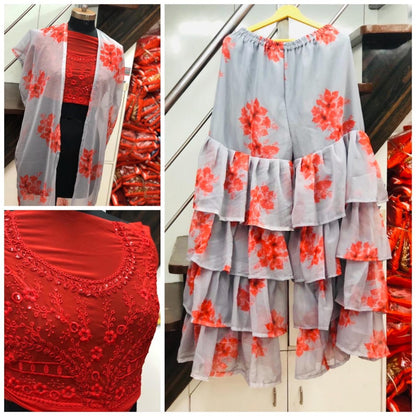 Grey georgette designer ruffle layer plazzo with shrug