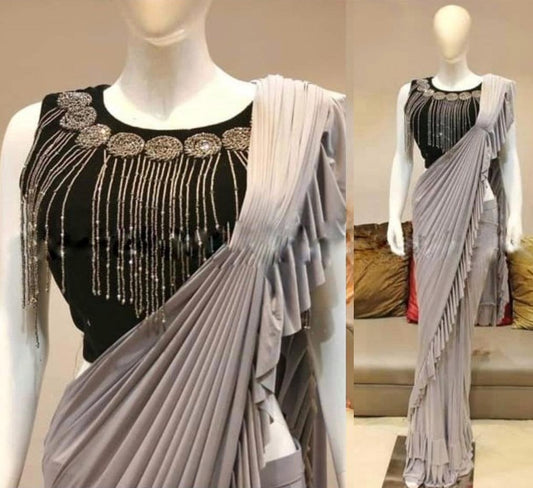 grey Georgette designer ruffle saree