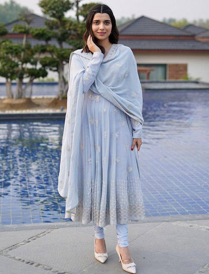 Grey georgette embroidered anarkali suit