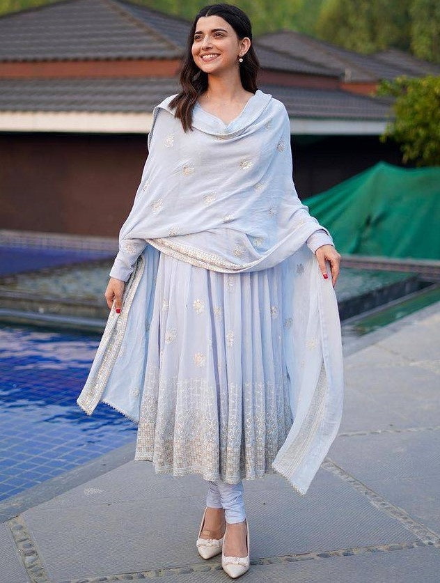 Grey georgette embroidered anarkali suit