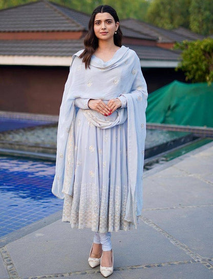 Grey georgette embroidered anarkali suit