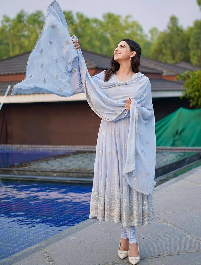 Grey georgette embroidered anarkali suit