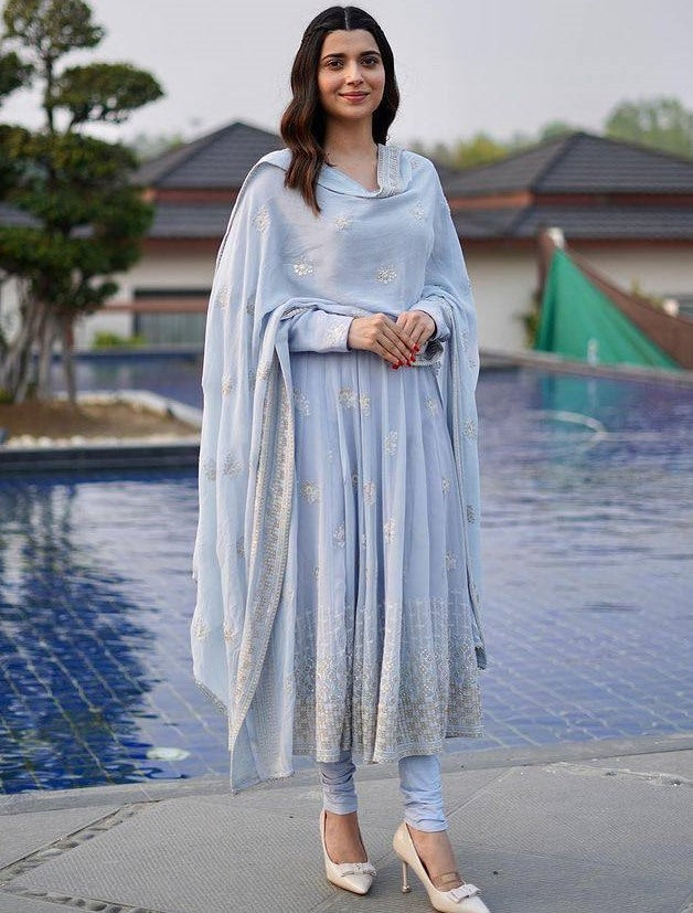 Grey georgette embroidered anarkali suit