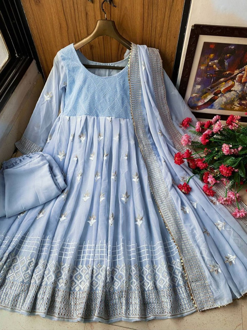 Grey georgette embroidered anarkali suit