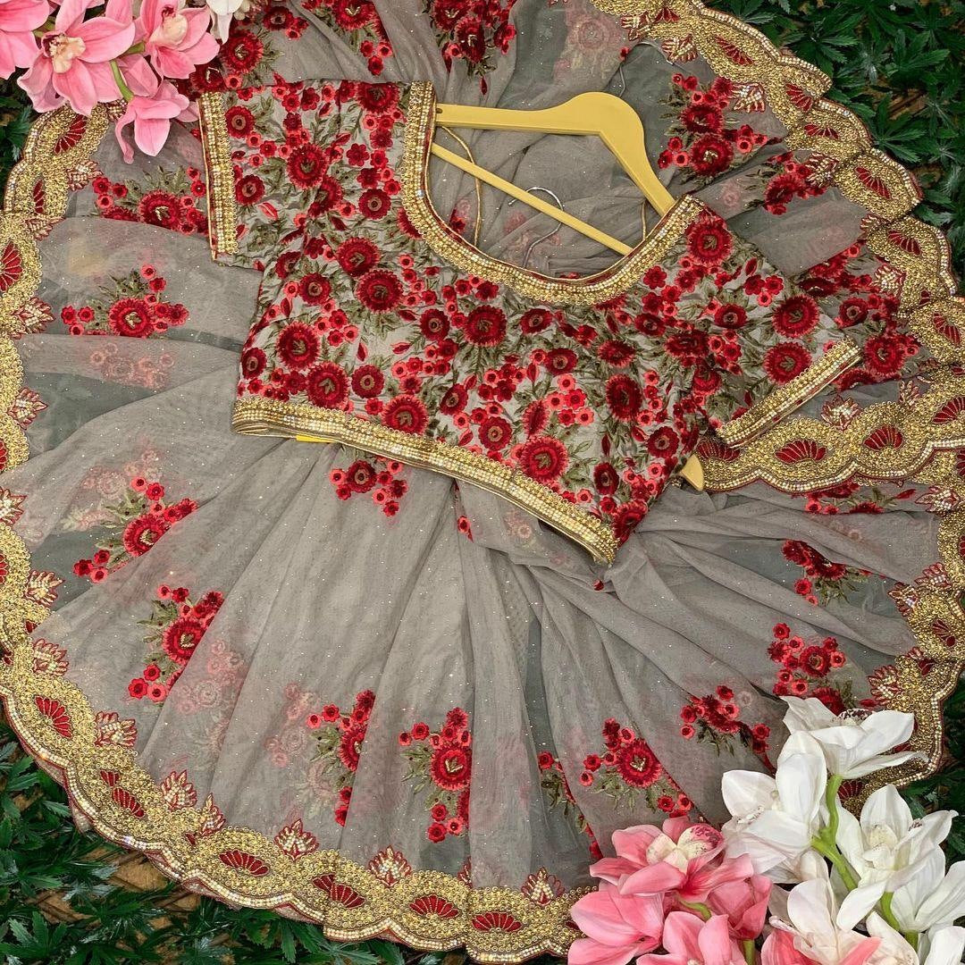 Grey georgette embroidered saree