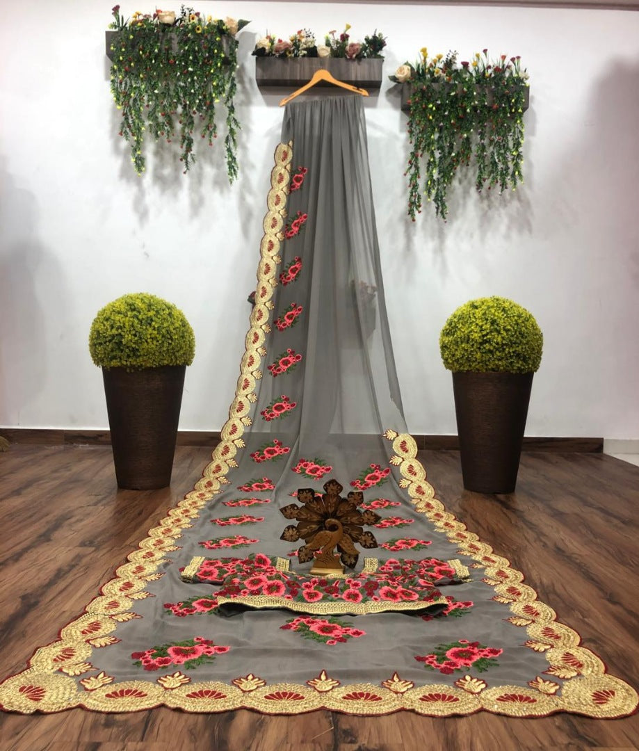 Grey georgette embroidered saree