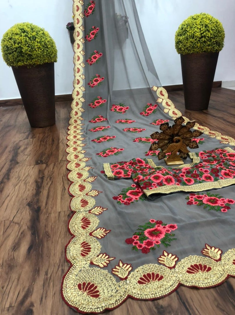 Grey georgette embroidered saree