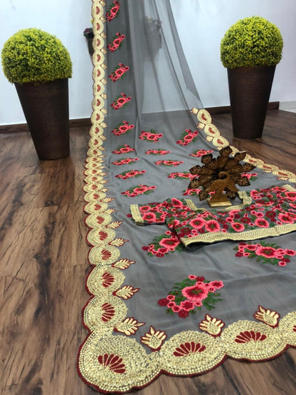 Grey georgette embroidered saree