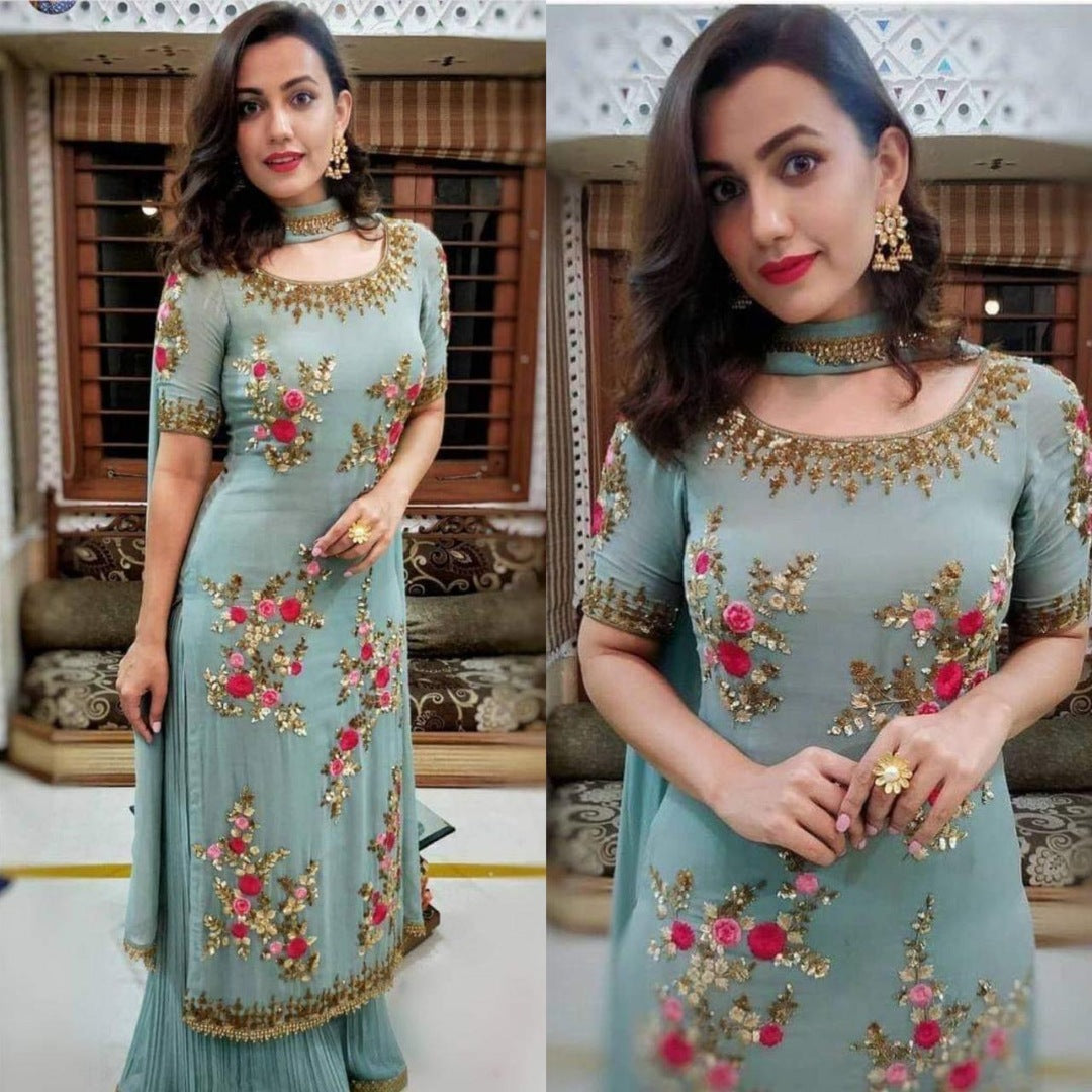 Grey georgette embroidery and sequence work plazzo suit