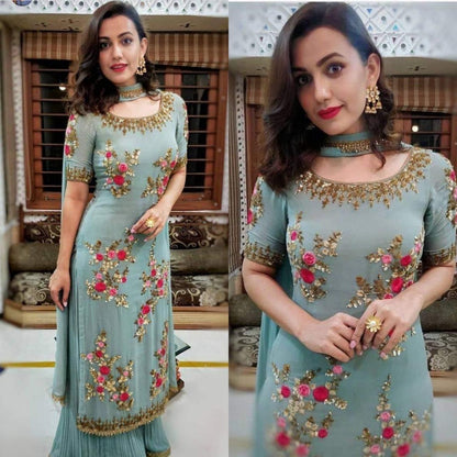 Grey georgette embroidery and sequence work plazzo suit
