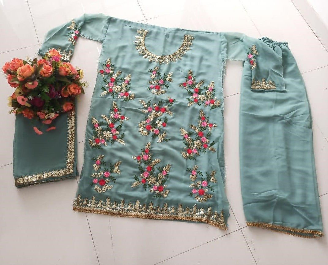 Grey georgette embroidery and sequence work plazzo suit