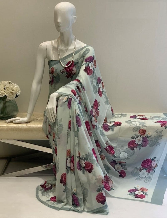 Grey georgette floral printed saree