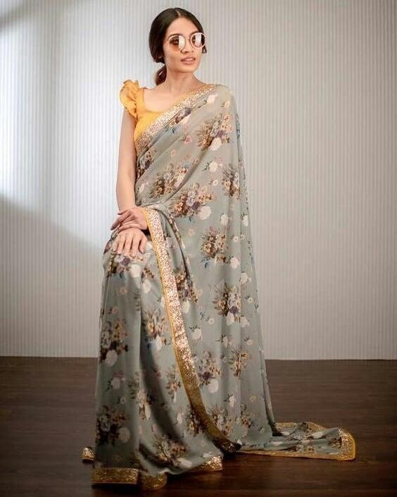 Grey georgette floral printed sequence work border saree
