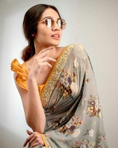 Grey georgette floral printed sequence work border saree