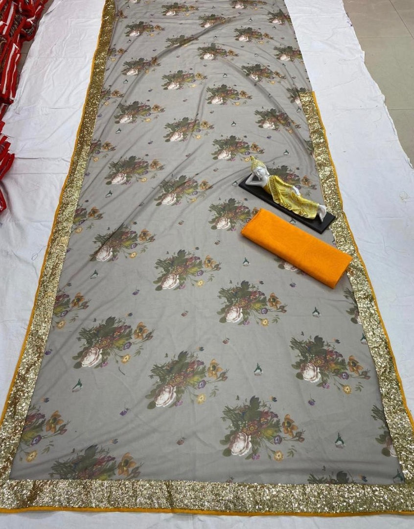 Grey georgette floral printed sequence work border saree