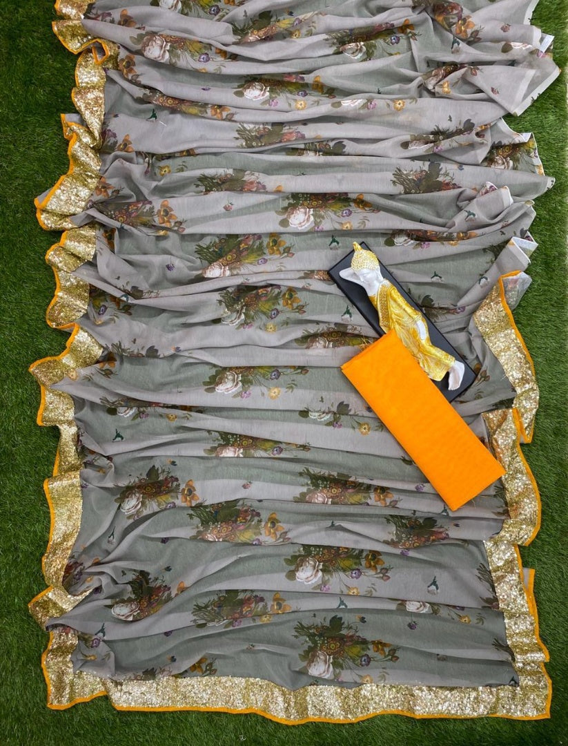 Grey georgette floral printed sequence work border saree