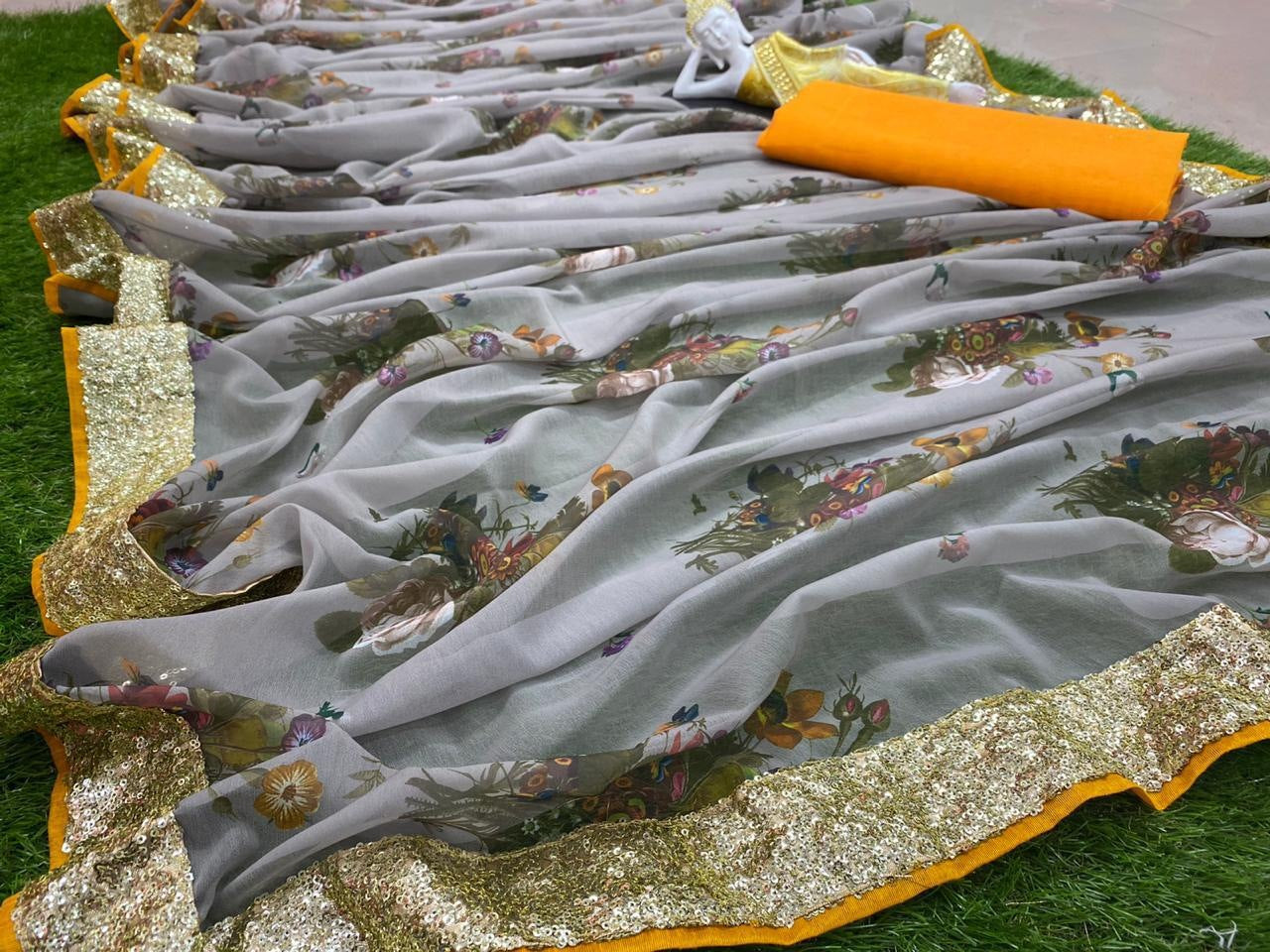Grey georgette floral printed sequence work border saree