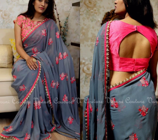 Grey georgette gorgeous multicolor threadwork saree
