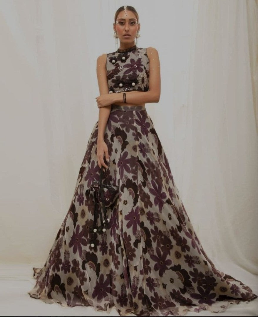 Grey georgette heavy digital printed lehenga with crop top