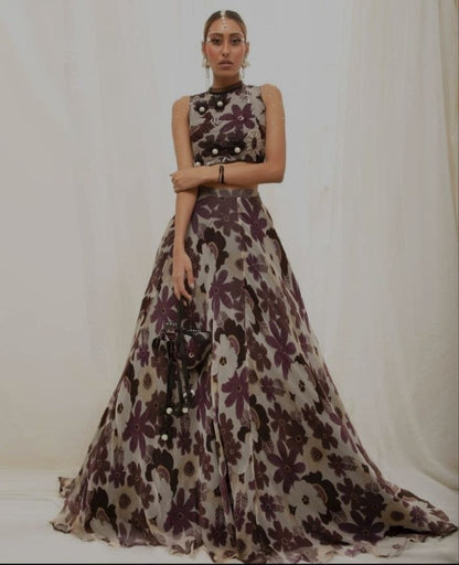 Grey georgette heavy digital printed lehenga with crop top