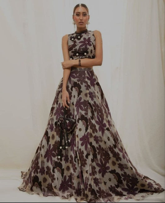 Grey georgette heavy digital printed lehenga with crop top